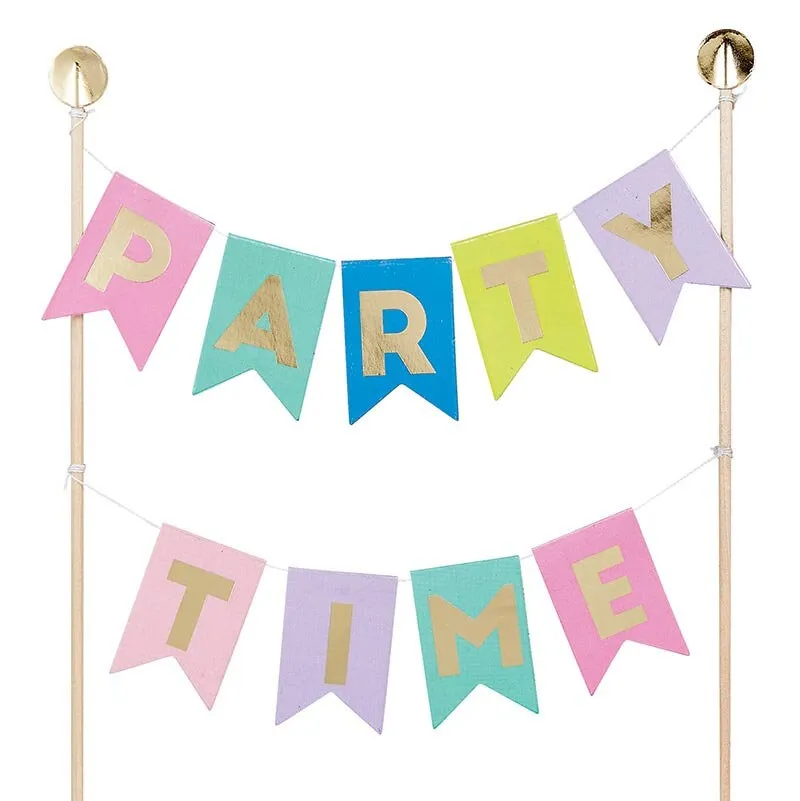 Party Time Garland Cake Flags, Charming Cake Topper with Gold Foil Details and Festive Pastel Garland