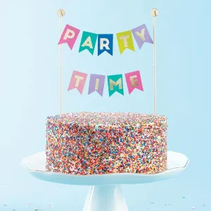 Party Time Garland Cake Flags, Charming Cake Topper with Gold Foil Details and Festive Pastel Garland