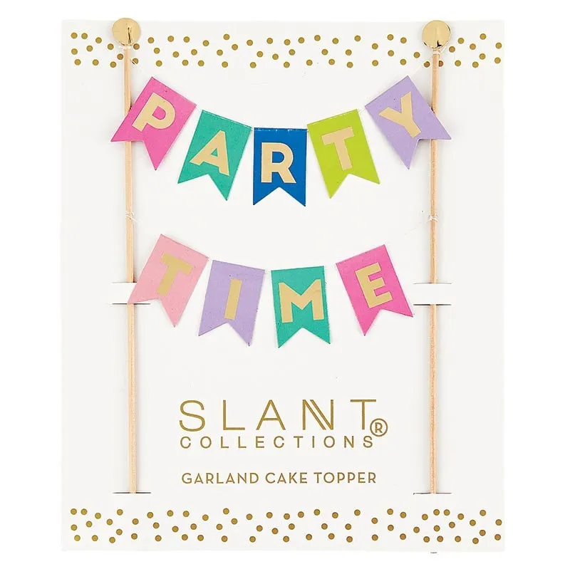 Party Time Garland Cake Flags, Charming Cake Topper with Gold Foil Details and Festive Pastel Garland