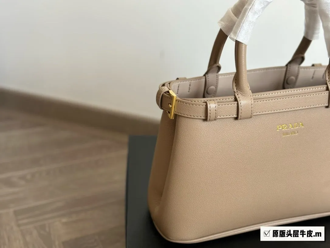 PD288 Prada Buckle Small Leather Handbag with Double Belt / 11x7x4.1inch