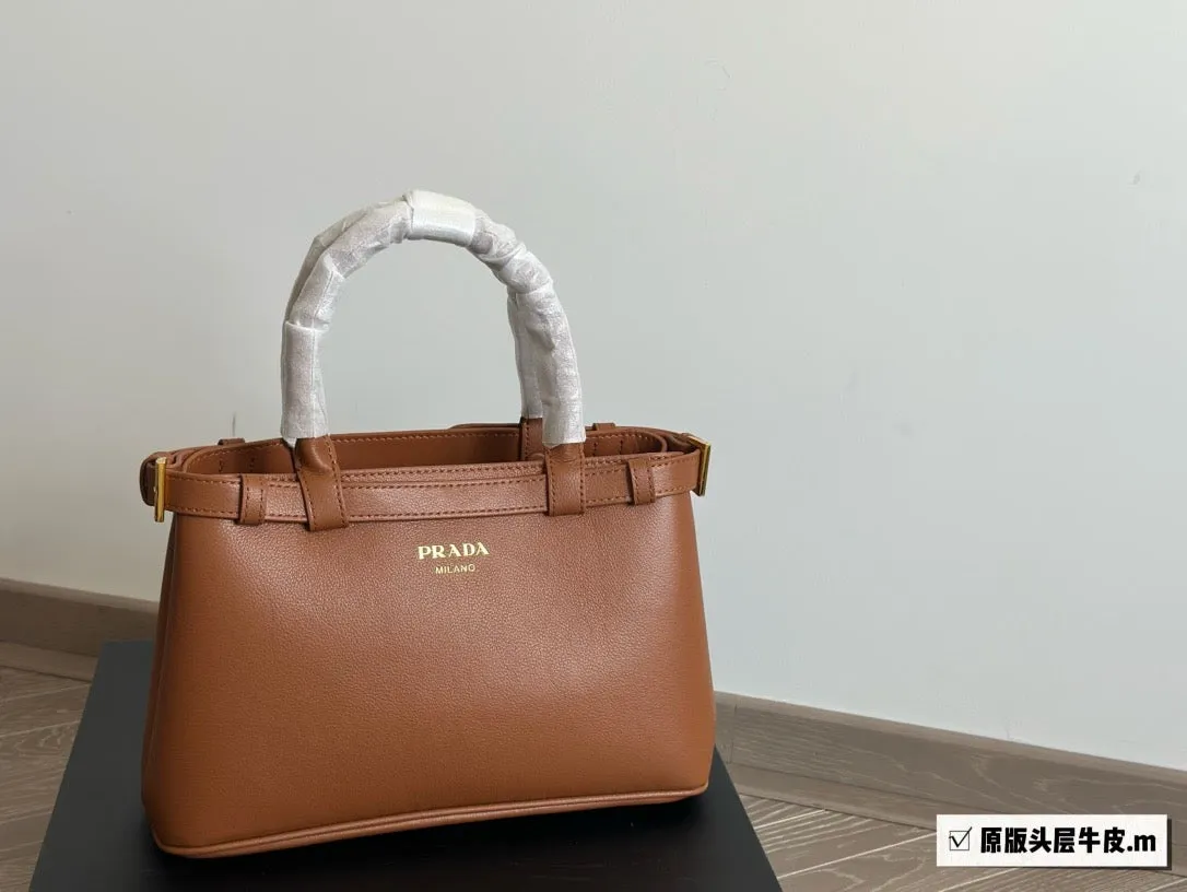 PD288 Prada Buckle Small Leather Handbag with Double Belt / 11x7x4.1inch