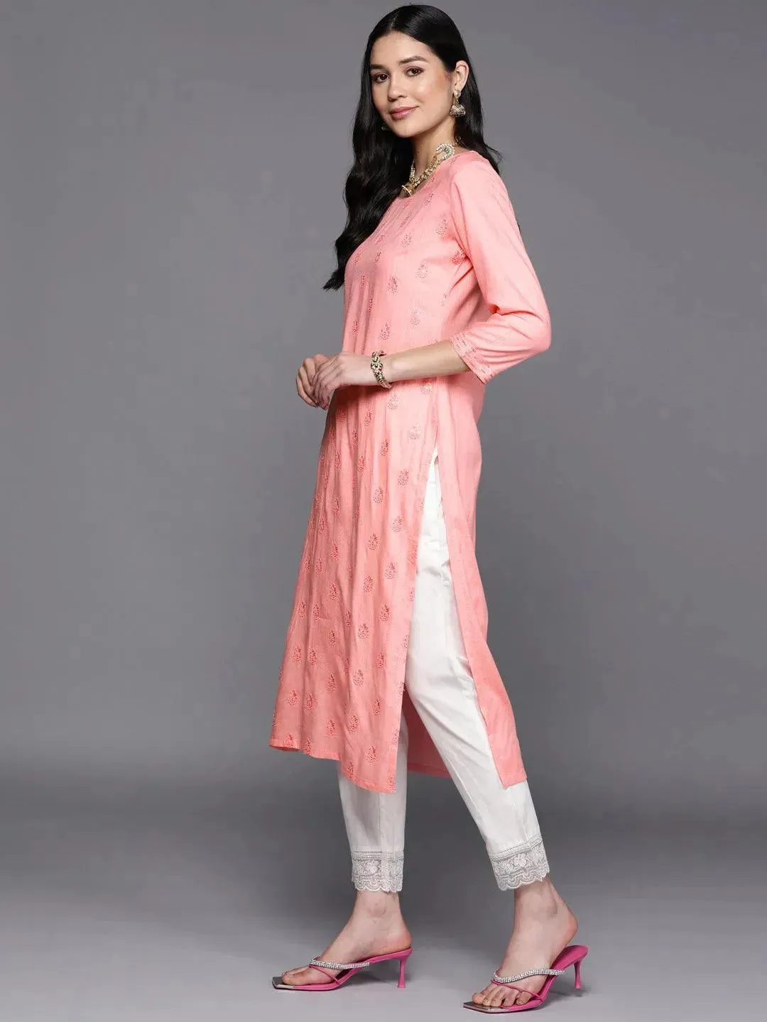 Pink Embroidered Rayon Straight Kurta