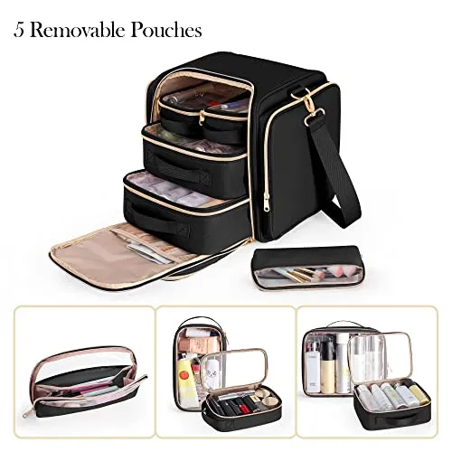 Prokva Travel Makeup Bag with 5 Removable Cases, Large Cosmetic Case Make up Organizer with Strap and Multiple Storage Pockets, Black (Patented Design)