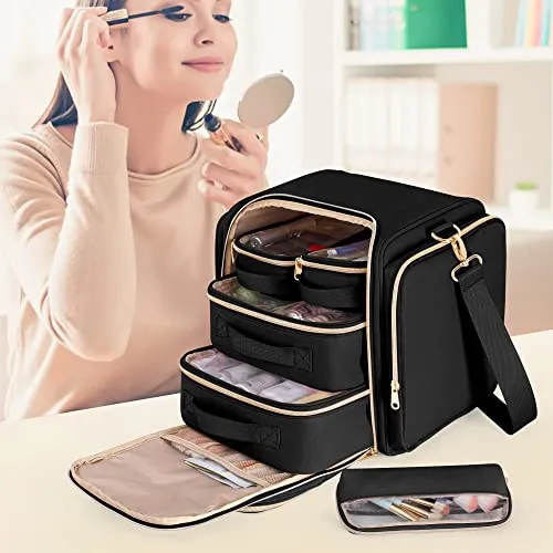 Prokva Travel Makeup Bag with 5 Removable Cases, Large Cosmetic Case Make up Organizer with Strap and Multiple Storage Pockets, Black (Patented Design)