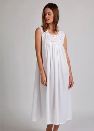 Round Yoke Pink Trim Sleeveless Nightie White