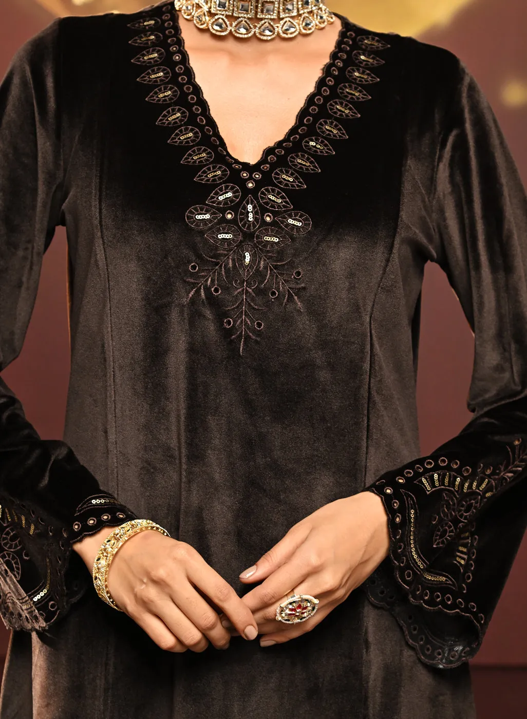 Sadia Brown Embroidered Velvet Co-ord Set for Women