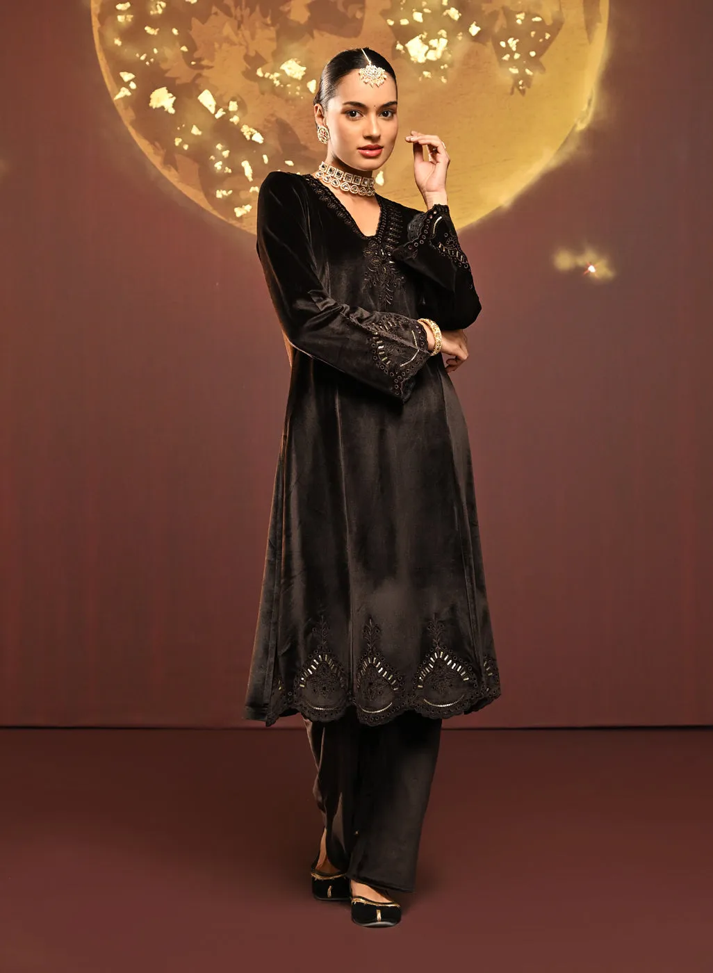 Sadia Brown Embroidered Velvet Co-ord Set for Women