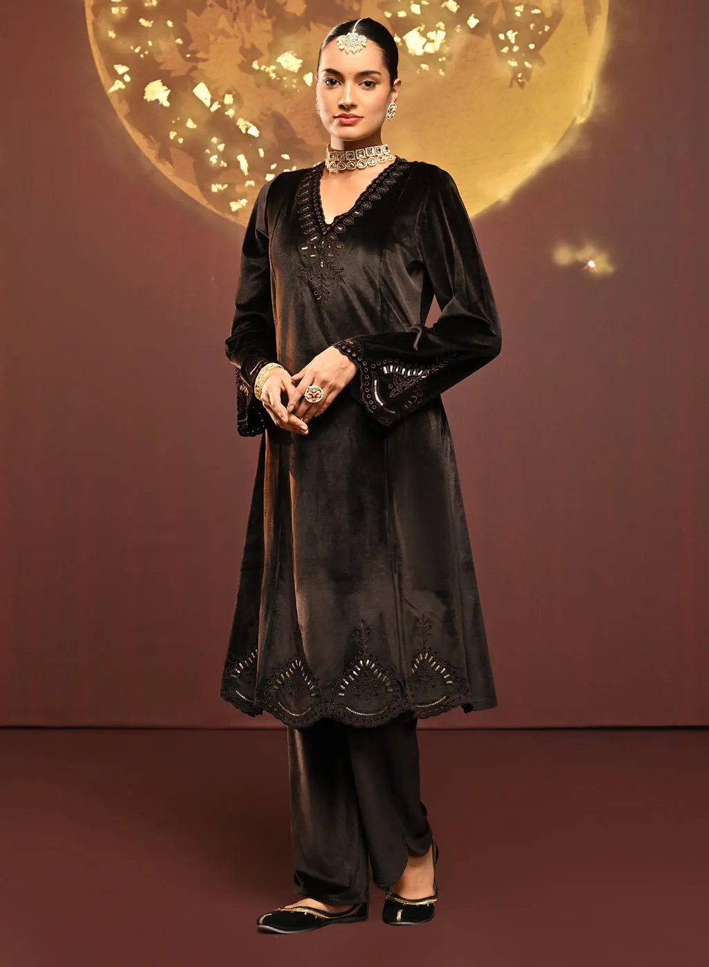Sadia Brown Embroidered Velvet Co-ord Set for Women