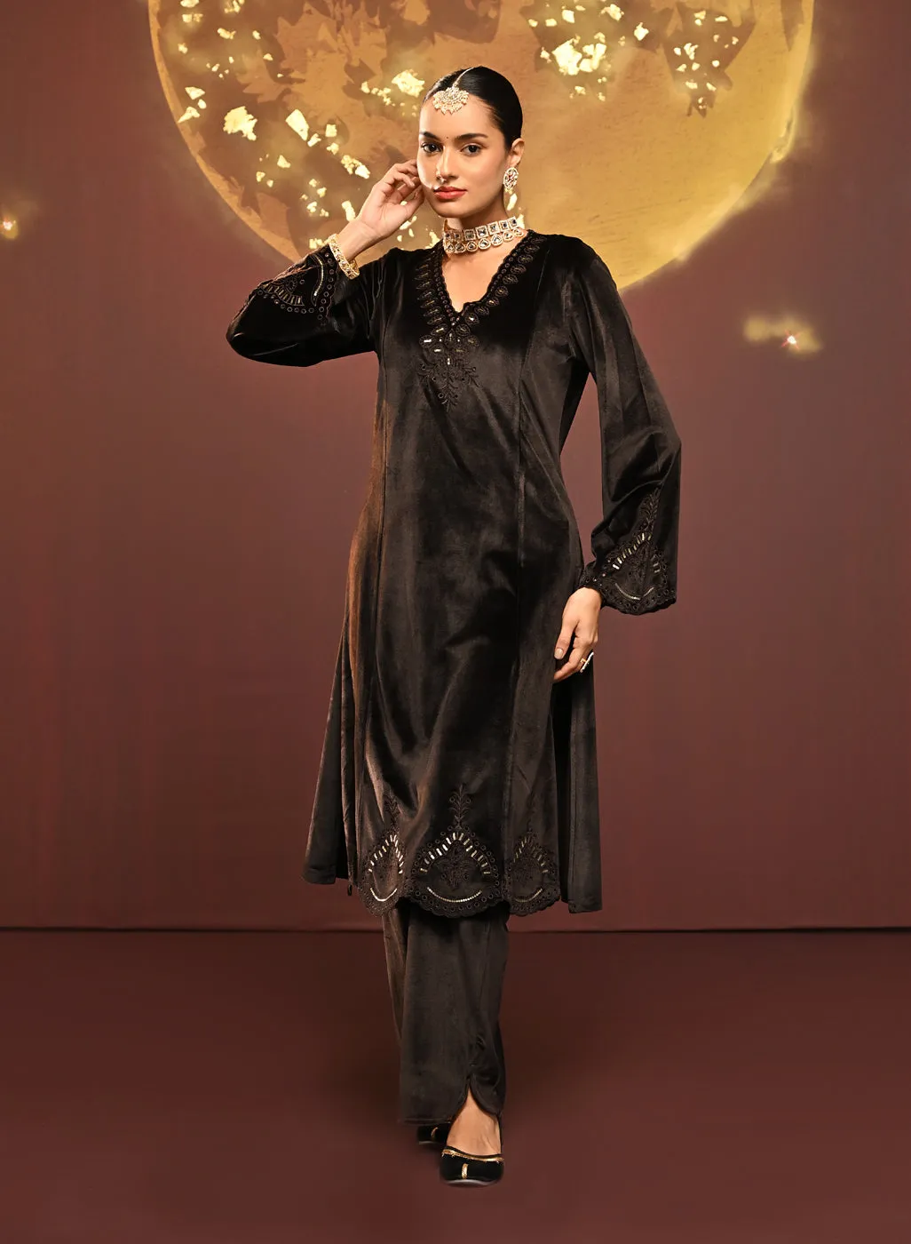 Sadia Brown Embroidered Velvet Co-ord Set for Women
