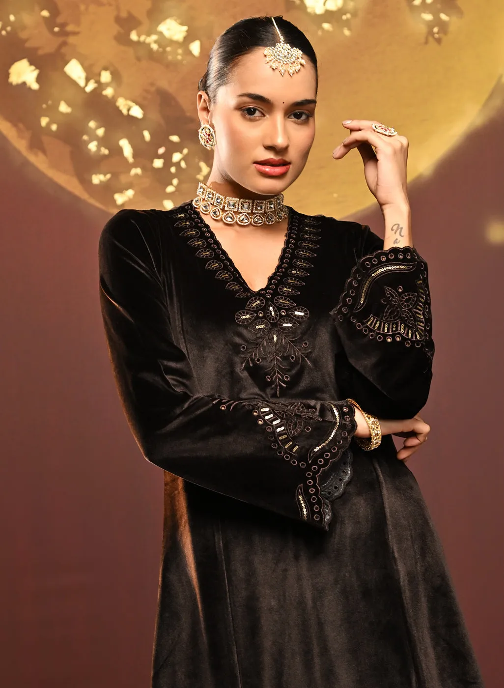 Sadia Brown Embroidered Velvet Co-ord Set for Women