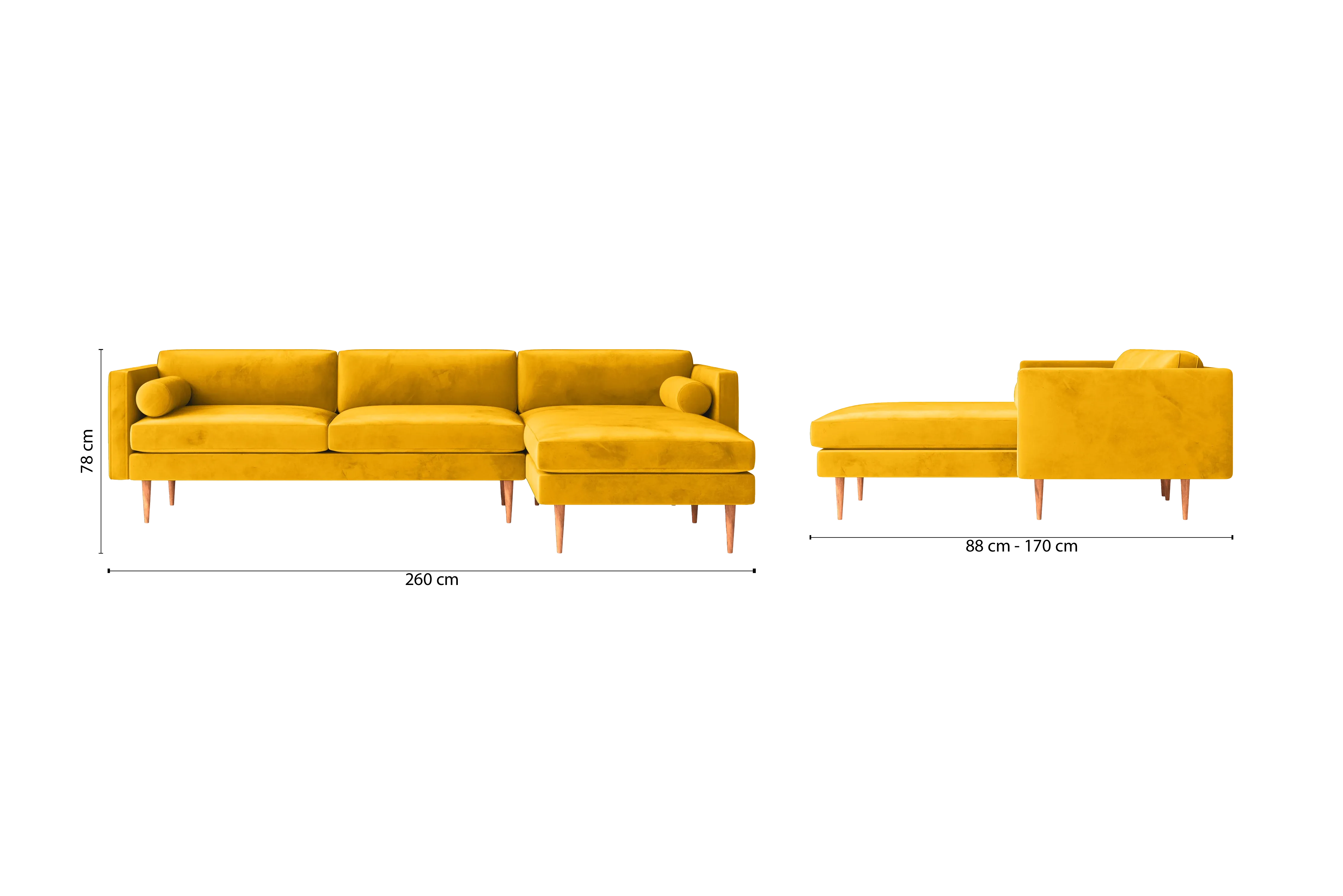 Salerno 3 Seater Right Hand Facing Chaise Lounge Corner Sofa Yellow Velvet