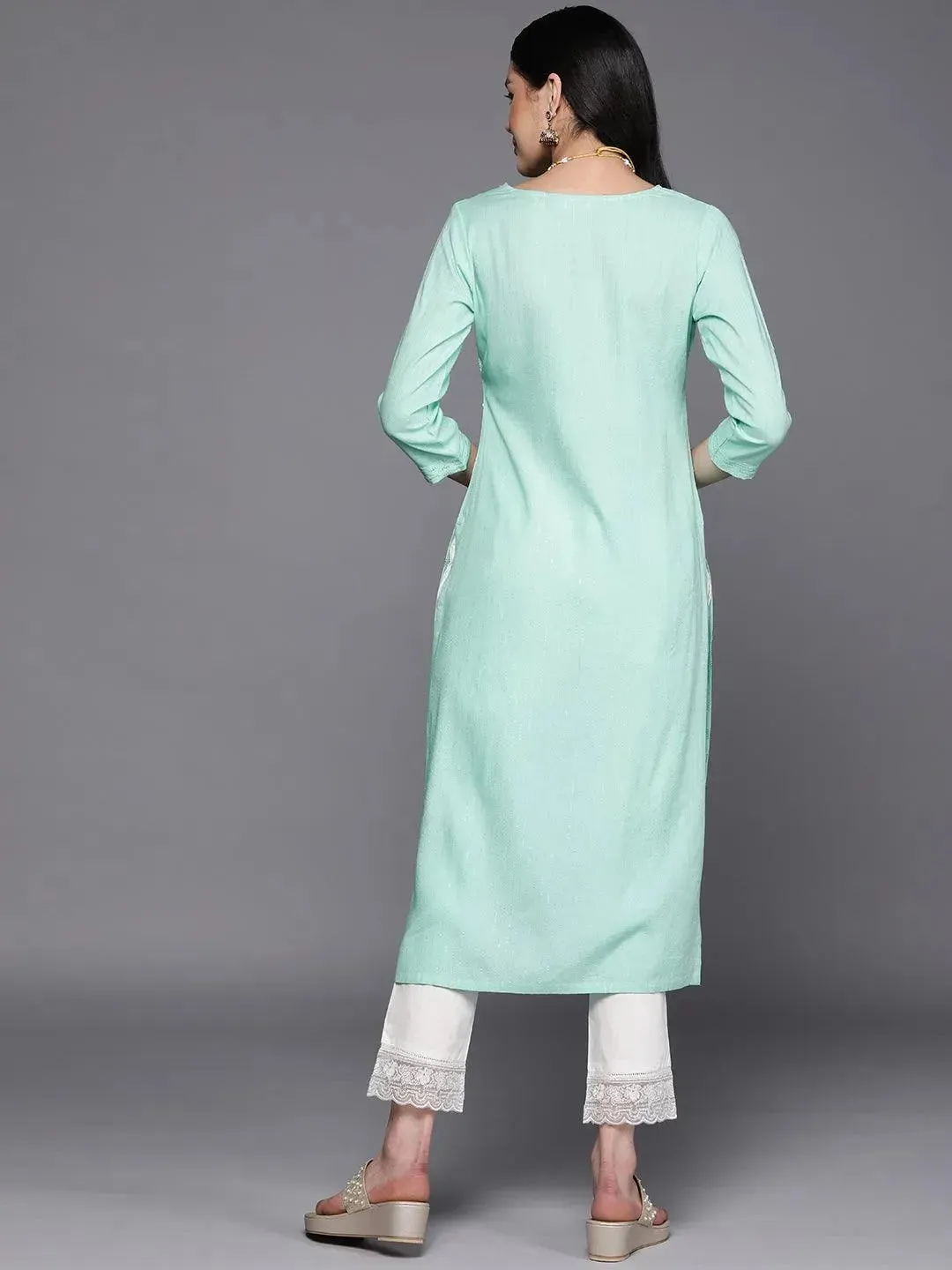 Sea Green Embroidered Rayon Straight Kurta