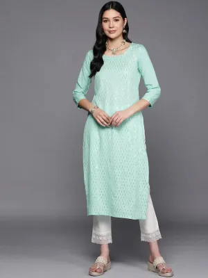 Sea Green Embroidered Rayon Straight Kurta