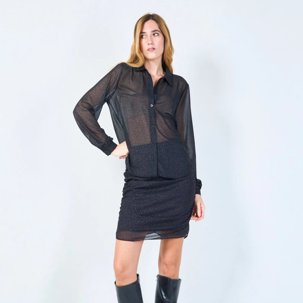 Sheer button-up blouse with polka dot accents wholesale