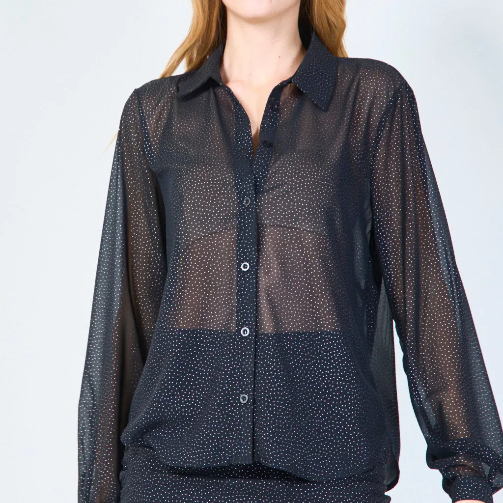 Sheer button-up blouse with polka dot accents wholesale