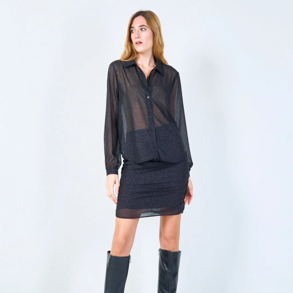 Sheer button-up blouse with polka dot accents wholesale