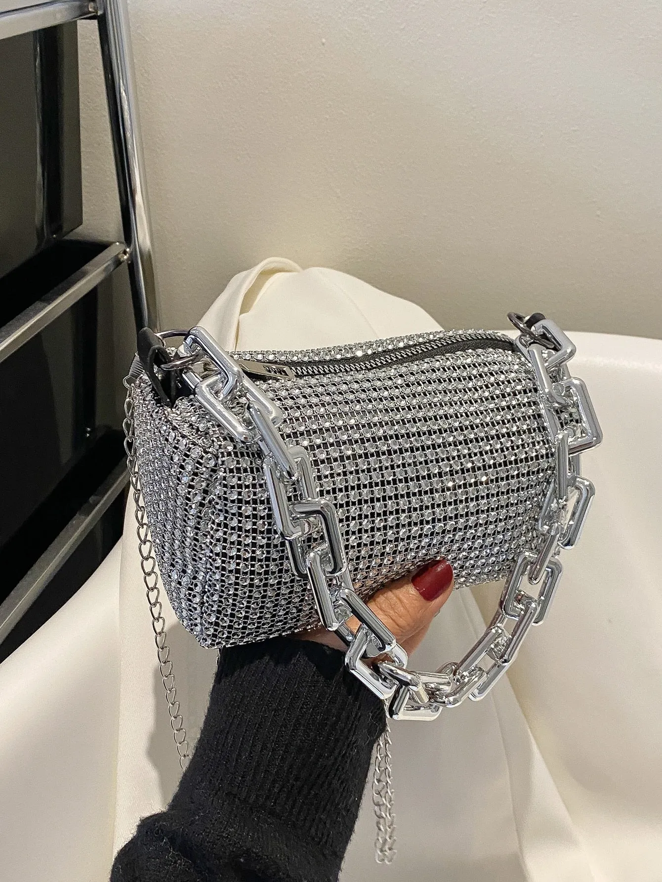Shiny Mini Studded Decor Chain Bucket Bag Allover Rhinestone Zipper Handbag