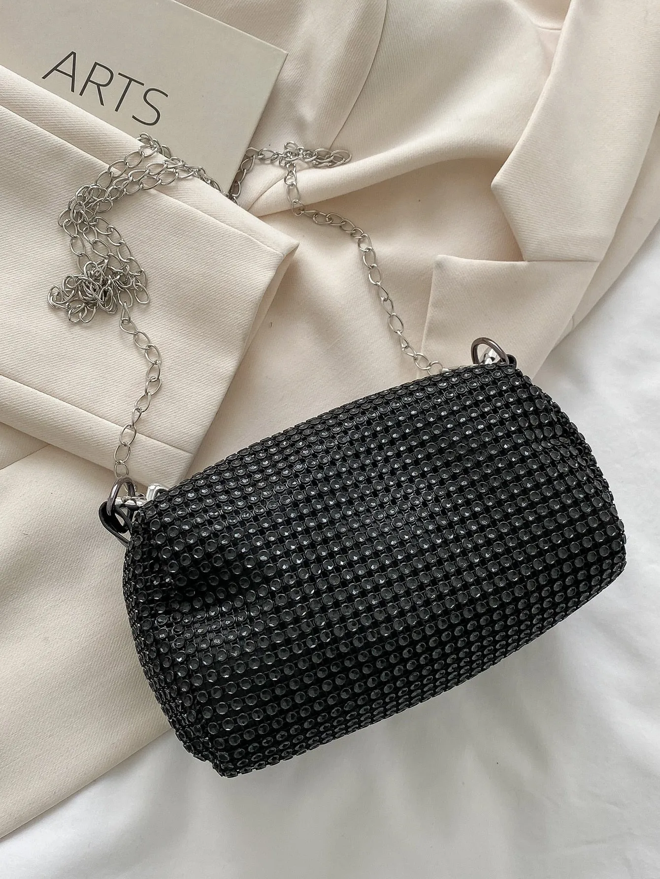 Shiny Mini Studded Decor Chain Bucket Bag Allover Rhinestone Zipper Handbag