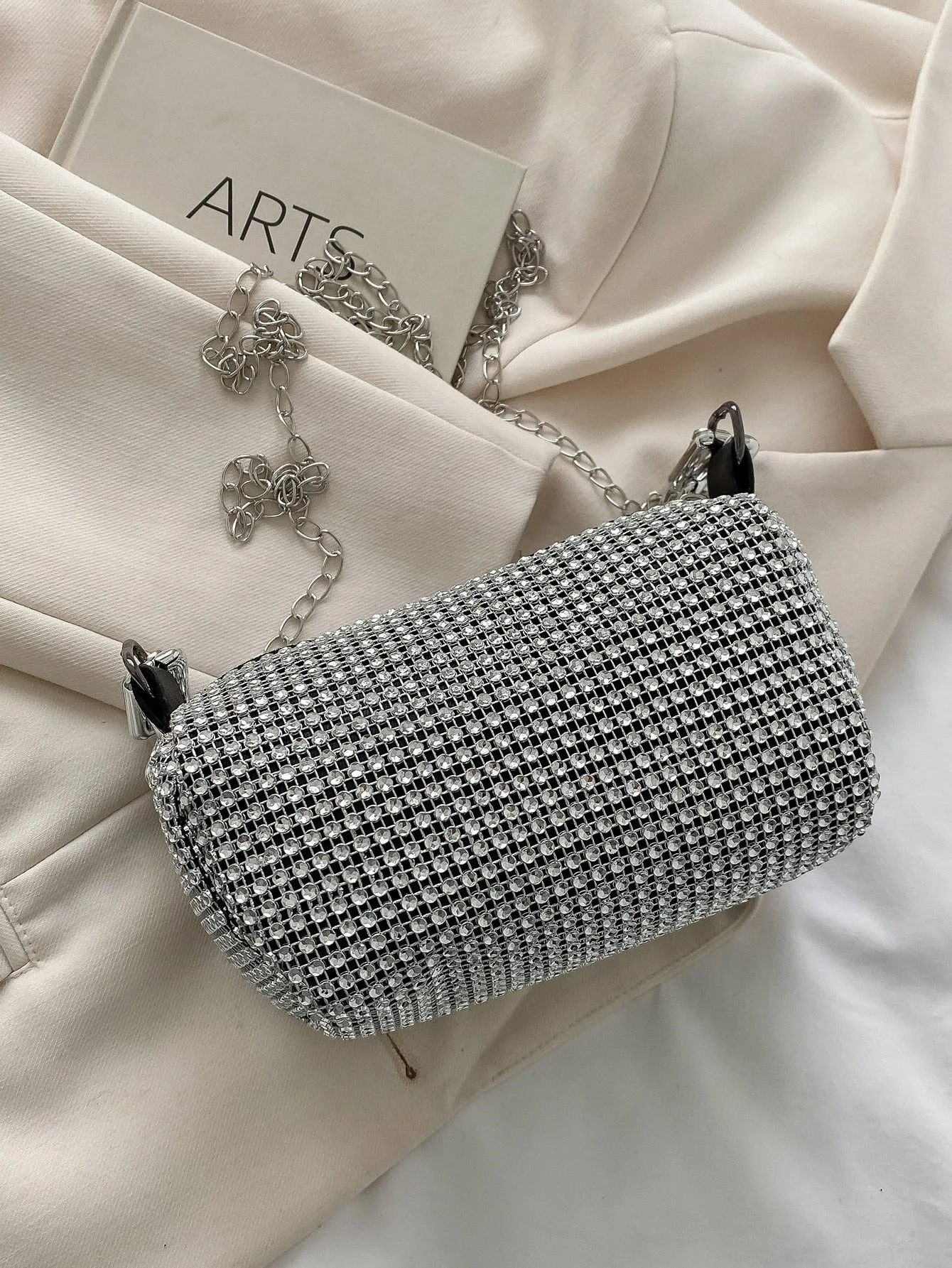 Shiny Mini Studded Decor Chain Bucket Bag Allover Rhinestone Zipper Handbag