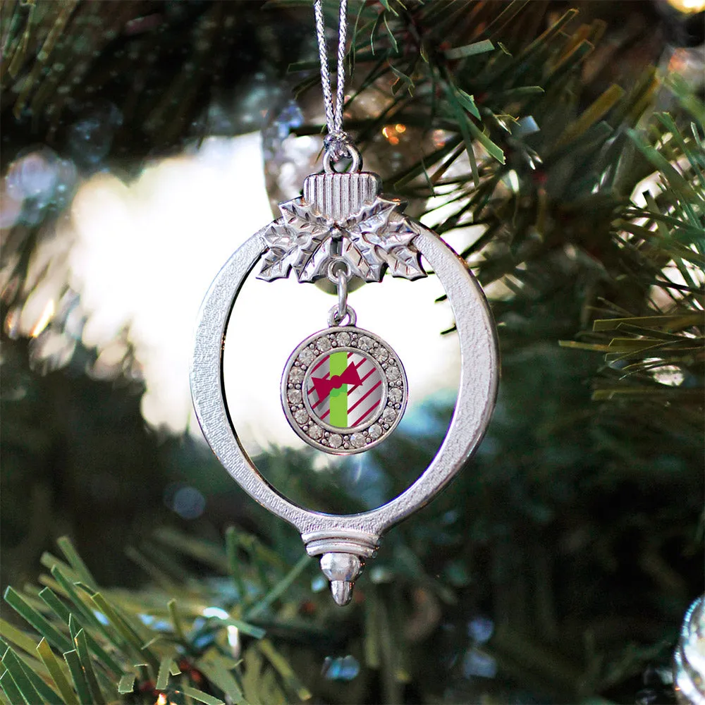 Silver Sparkling Present Circle Charm Holiday Ornament
