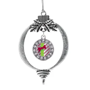 Silver Sparkling Present Circle Charm Holiday Ornament