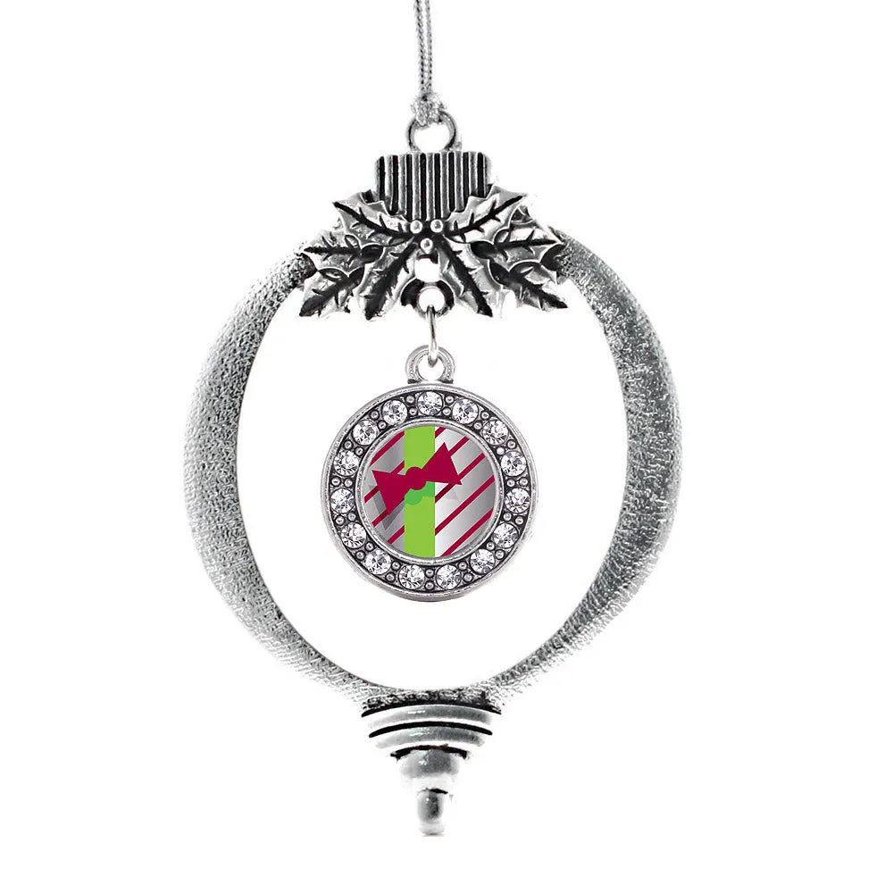 Silver Sparkling Present Circle Charm Holiday Ornament