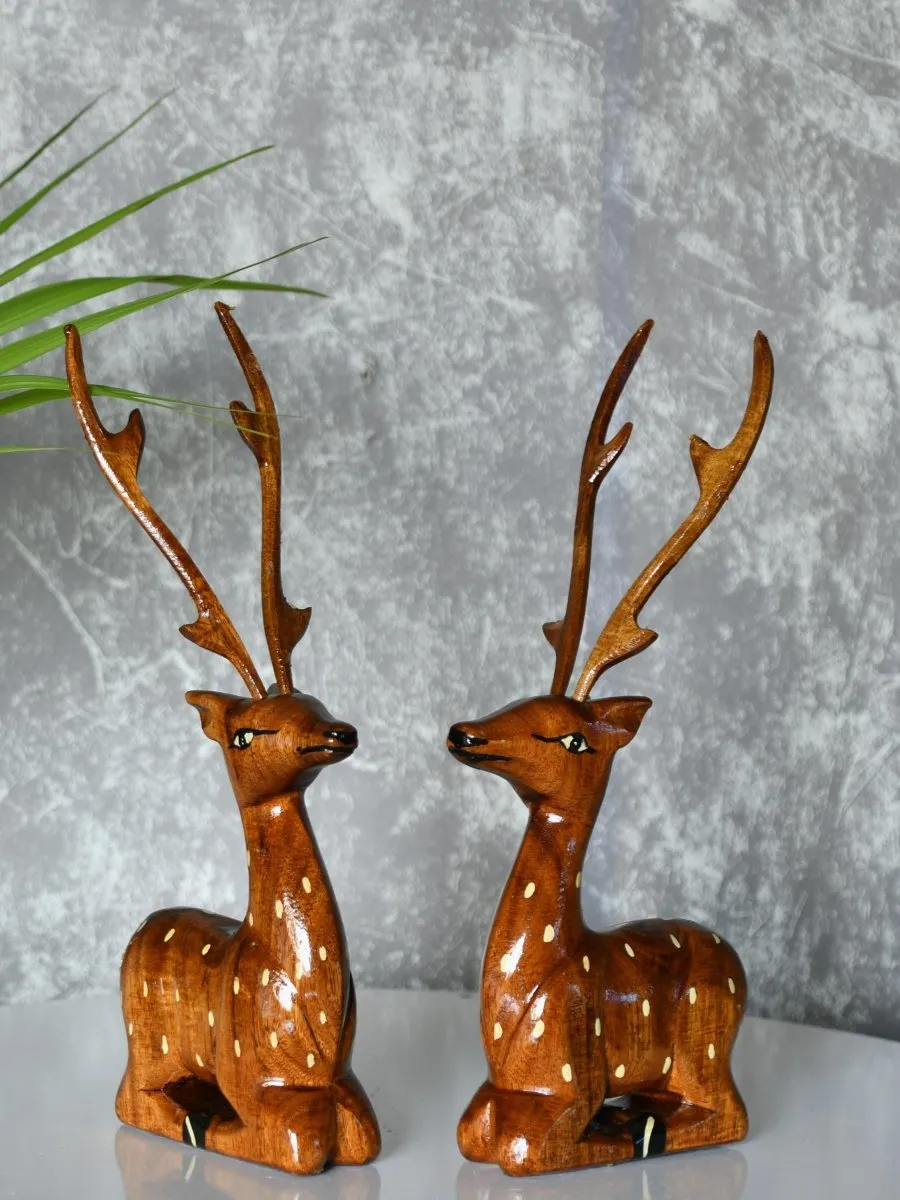 Sowpeace Wooden Sitting Deer Pair: Artisan Home Decor