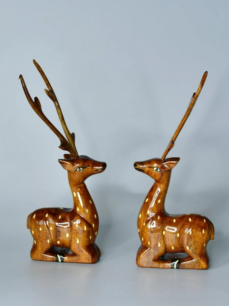 Sowpeace Wooden Sitting Deer Pair: Artisan Home Decor