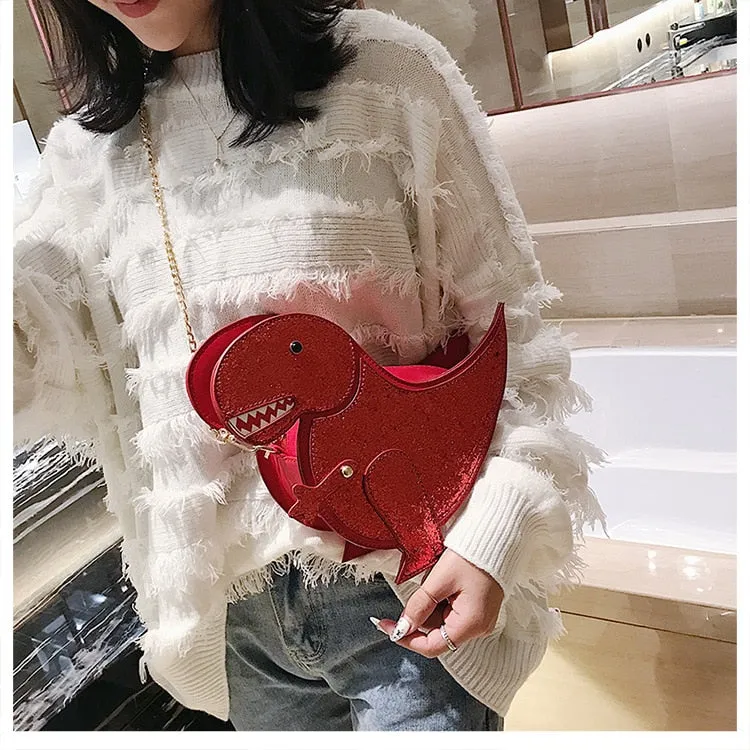 Sparkle Glitter  Dinosaur Vegan Leather Crossbody Mini Messenger Handbag Chain Purse