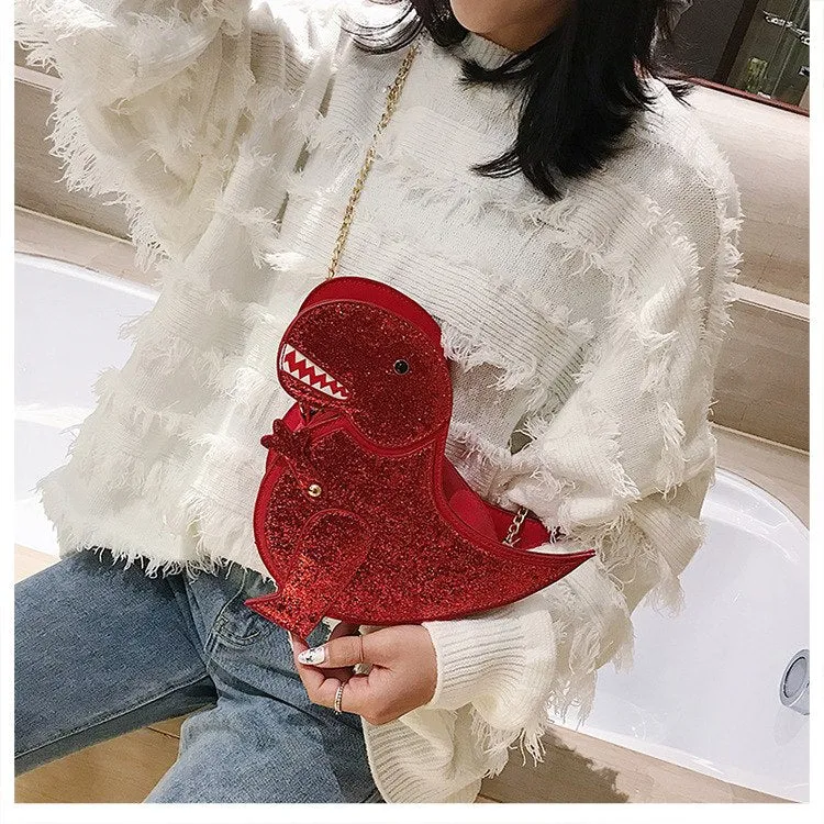 Sparkle Glitter  Dinosaur Vegan Leather Crossbody Mini Messenger Handbag Chain Purse