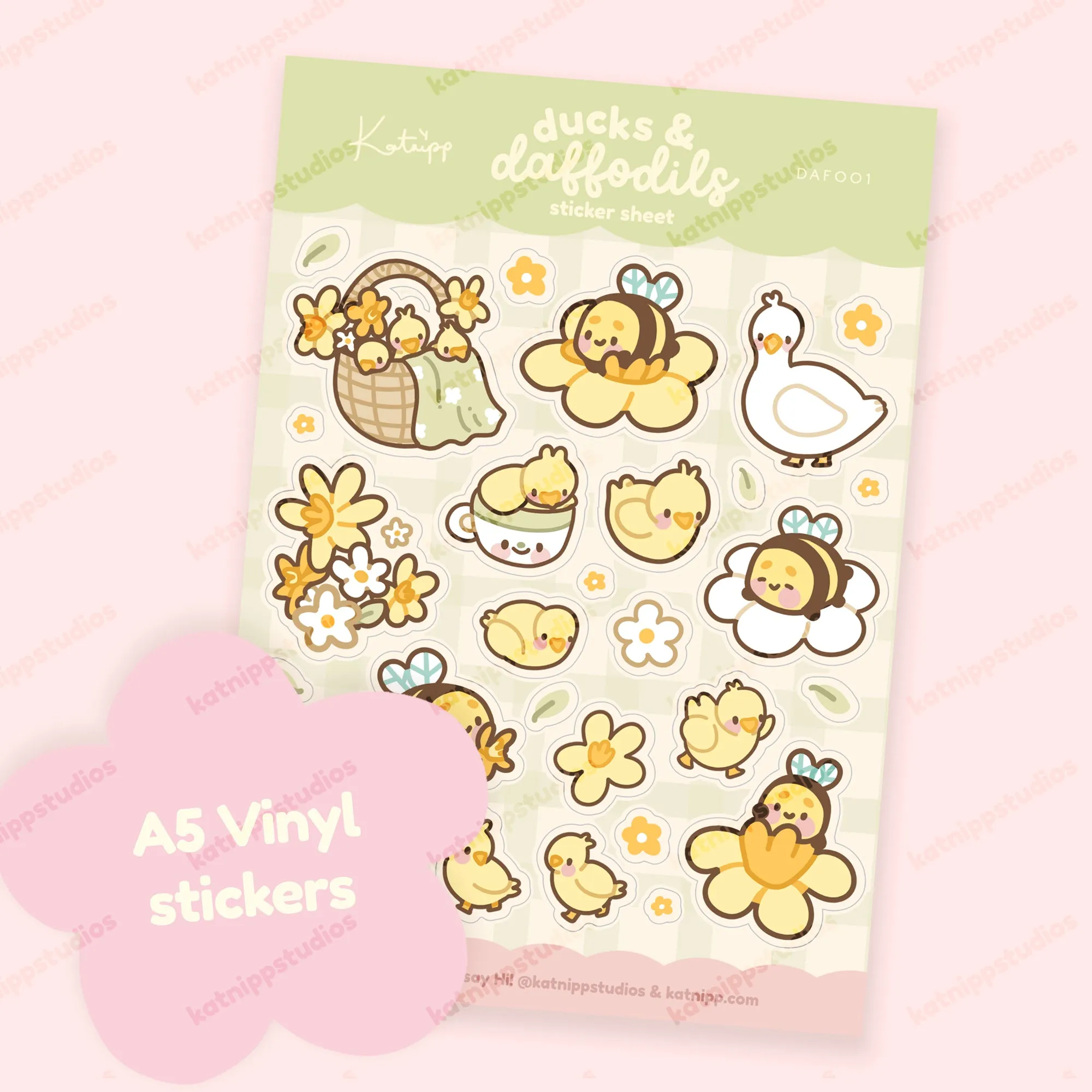 Spring Ducks and Daffodils - A5 Spring Waterproof Vinyl Sticker Sheet - Bumblebutt & Friend's - DAF001