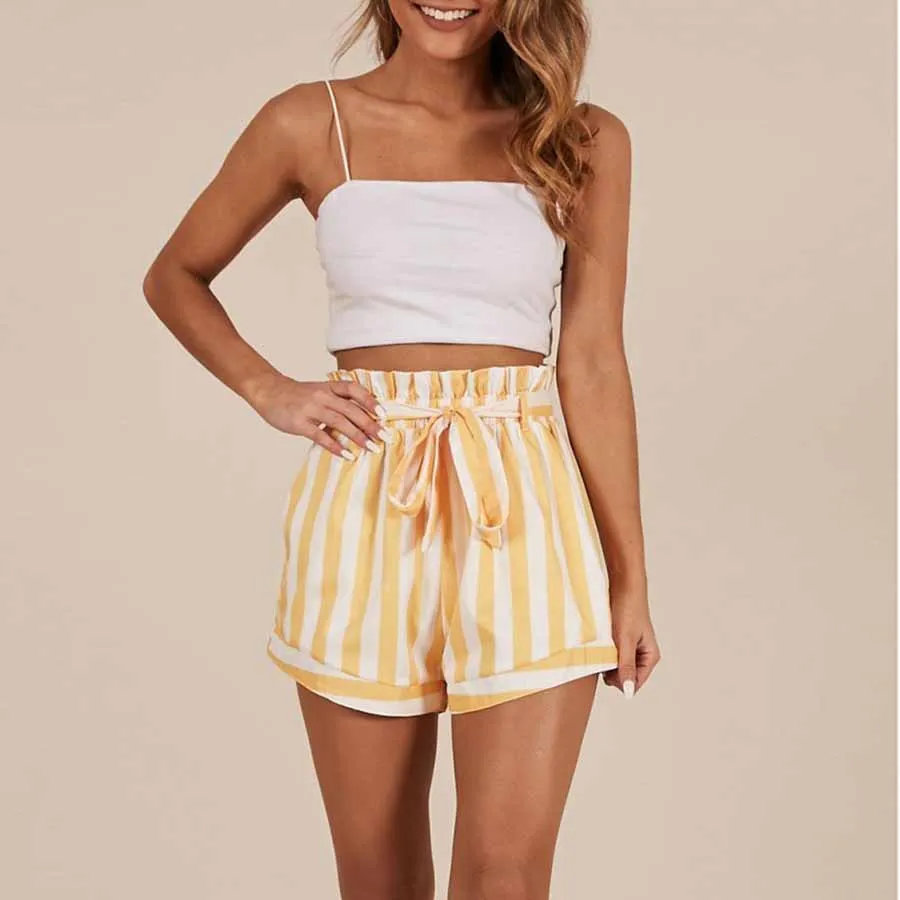 Striped High Waisted Paper bag Shorts Women's