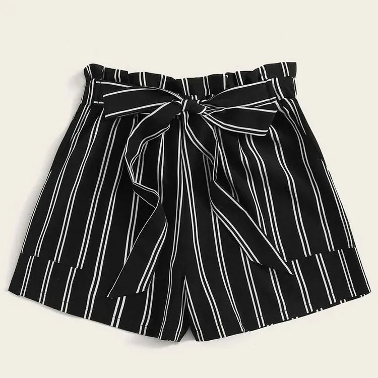 Striped High Waisted Paper bag Shorts Women's