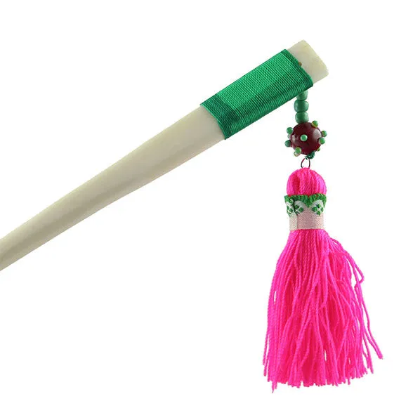 Tribal Cattle Horn Thread Wrapped Hair Stick w/ Tasssels