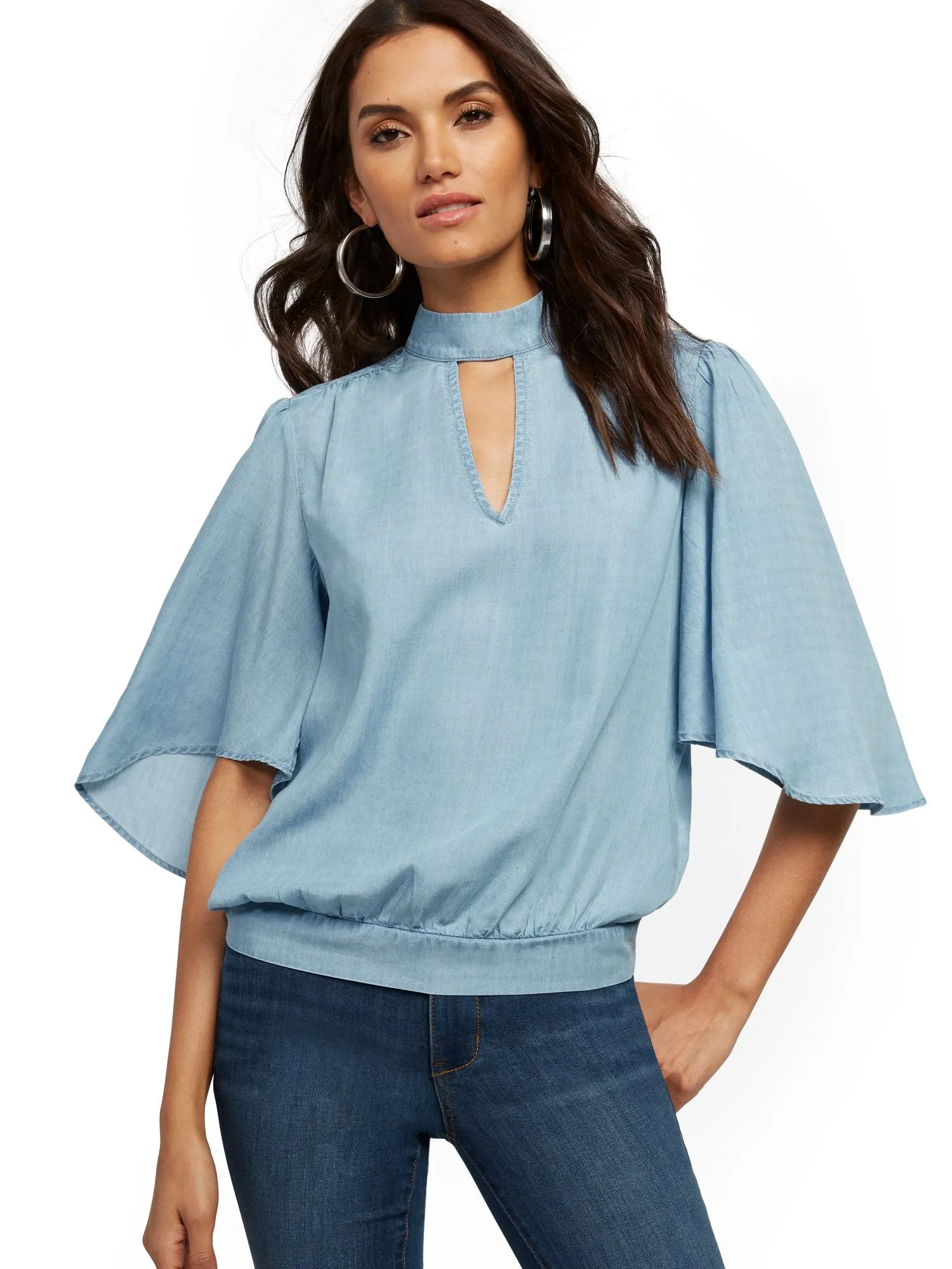 Ultra-Soft Chambray Mock-Neck Top