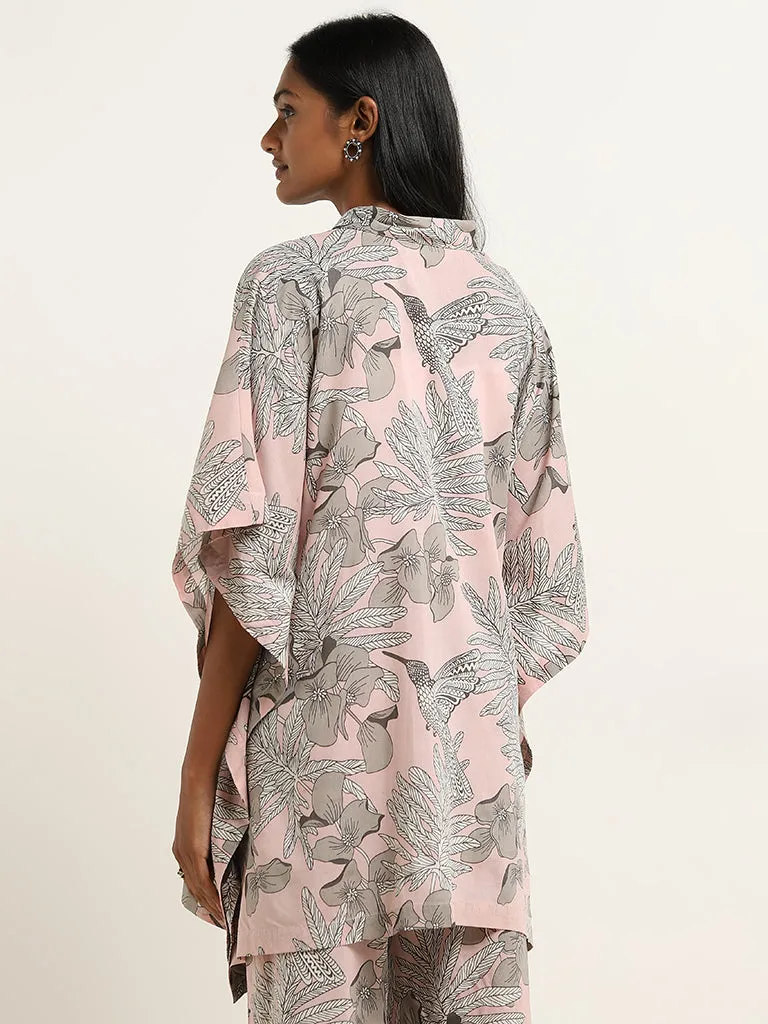 Utsa Light Pink Foliage Printed A-Line Kaftan style Kurta