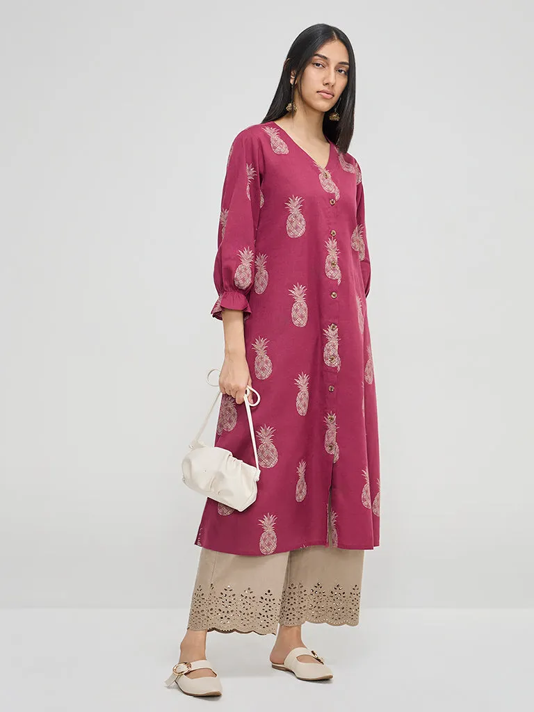 Utsa Magenta Fruit Design A-Line Cotton Blend Kurta