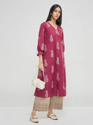 Utsa Magenta Fruit Design A-Line Cotton Blend Kurta