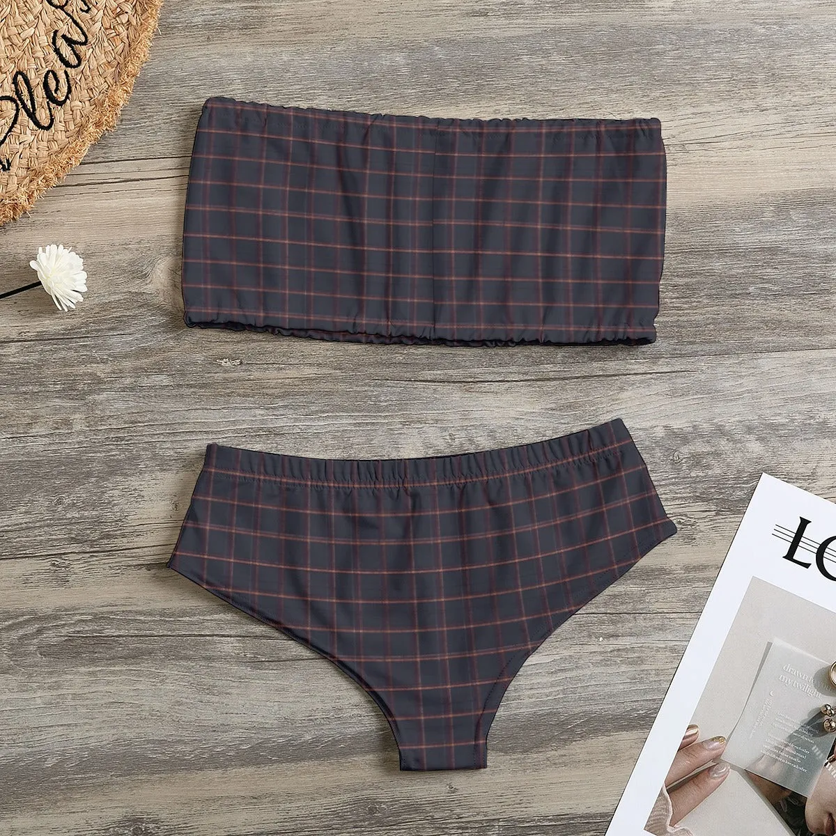 Vampire Art Dark Academia Dark Brown Vintage Tartan Women's Strapless Bikini Swimsuit