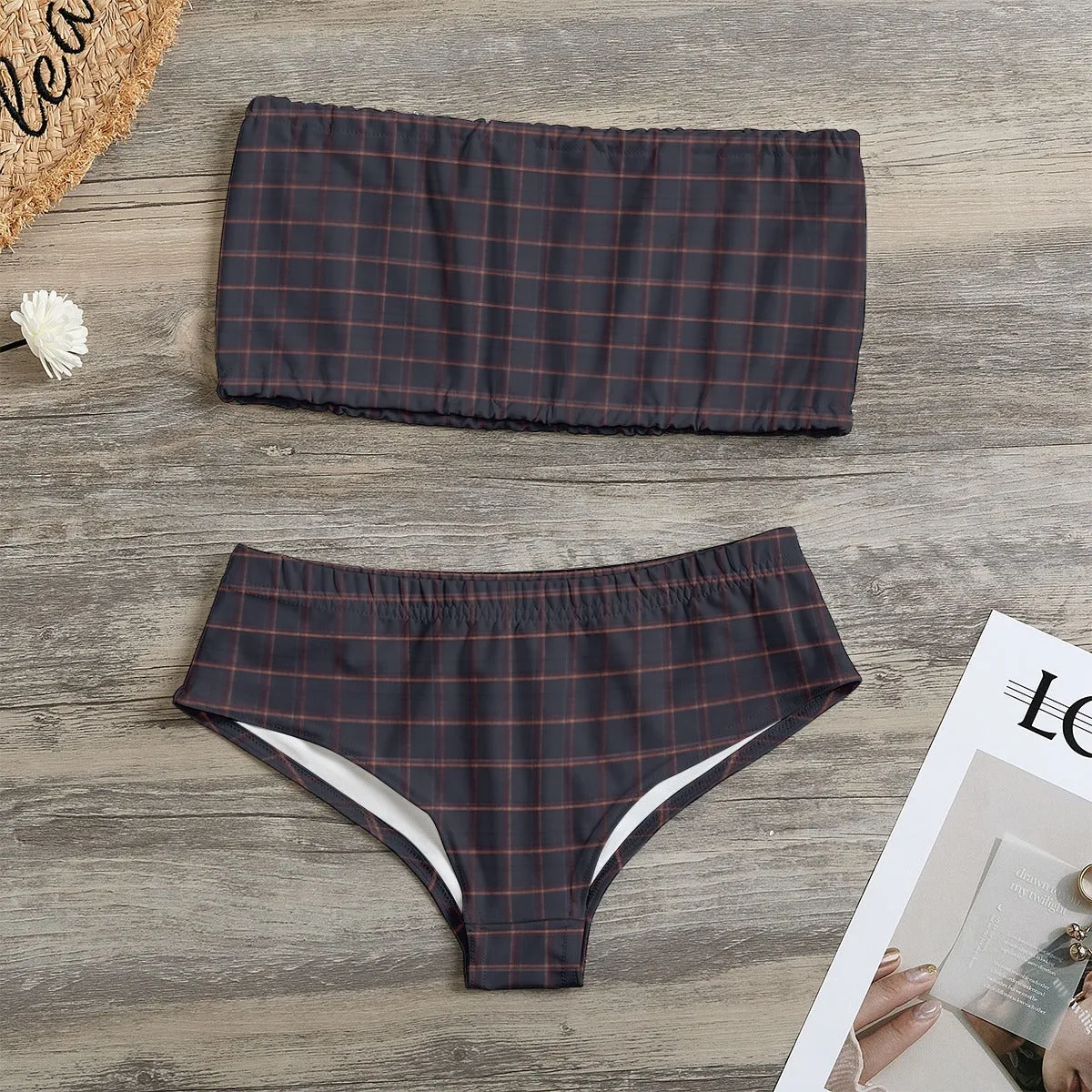 Vampire Art Dark Academia Dark Brown Vintage Tartan Women's Strapless Bikini Swimsuit