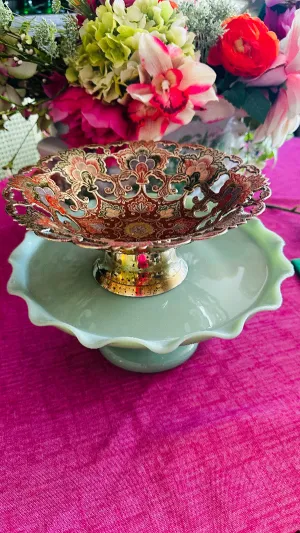 Vintage Dish, Pedestal, Hampton Brass, Colored Filigree, Reticulated Decorative