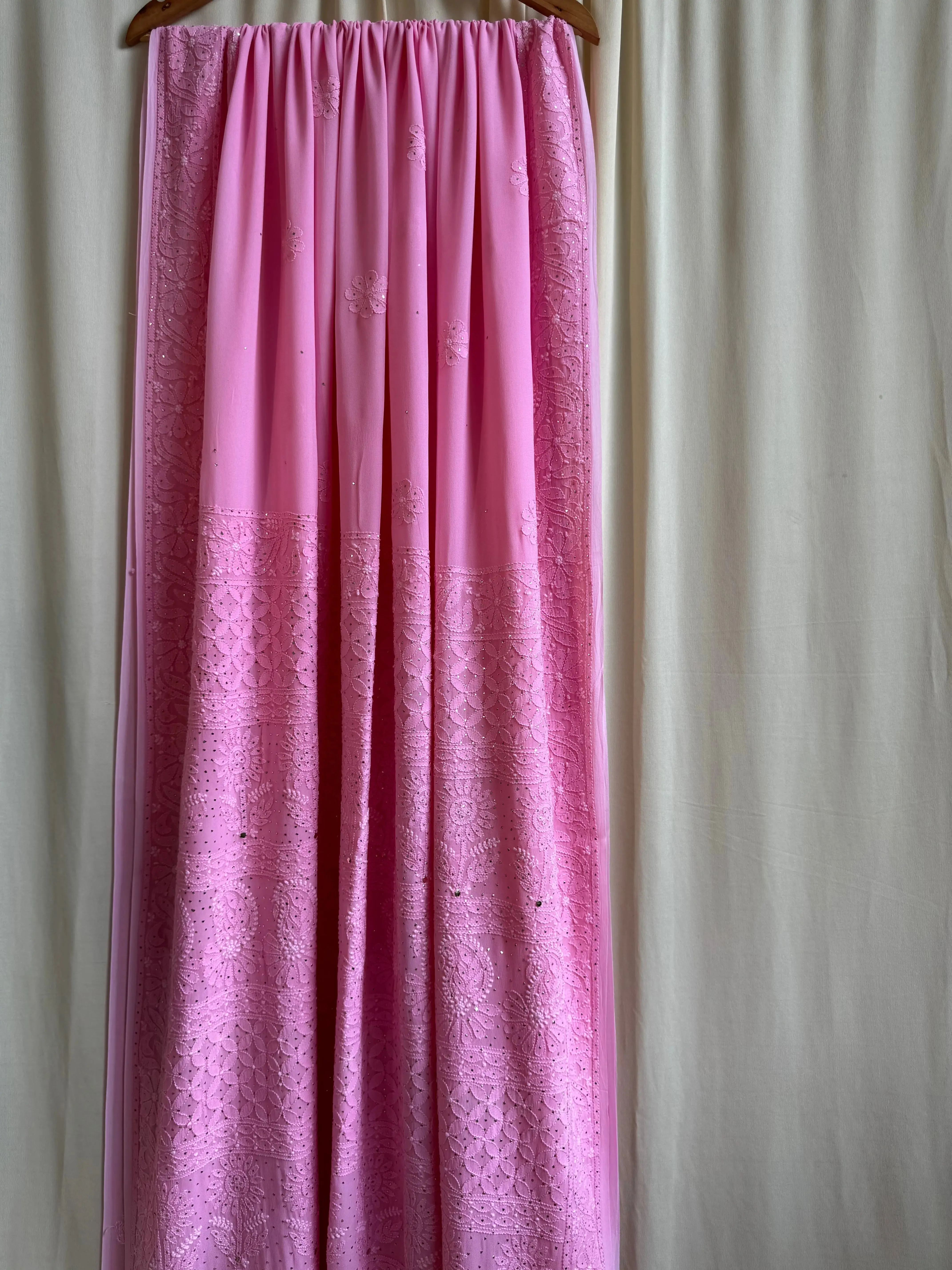 Viscose Dark Pink Chikankari saree with Mukaish Work