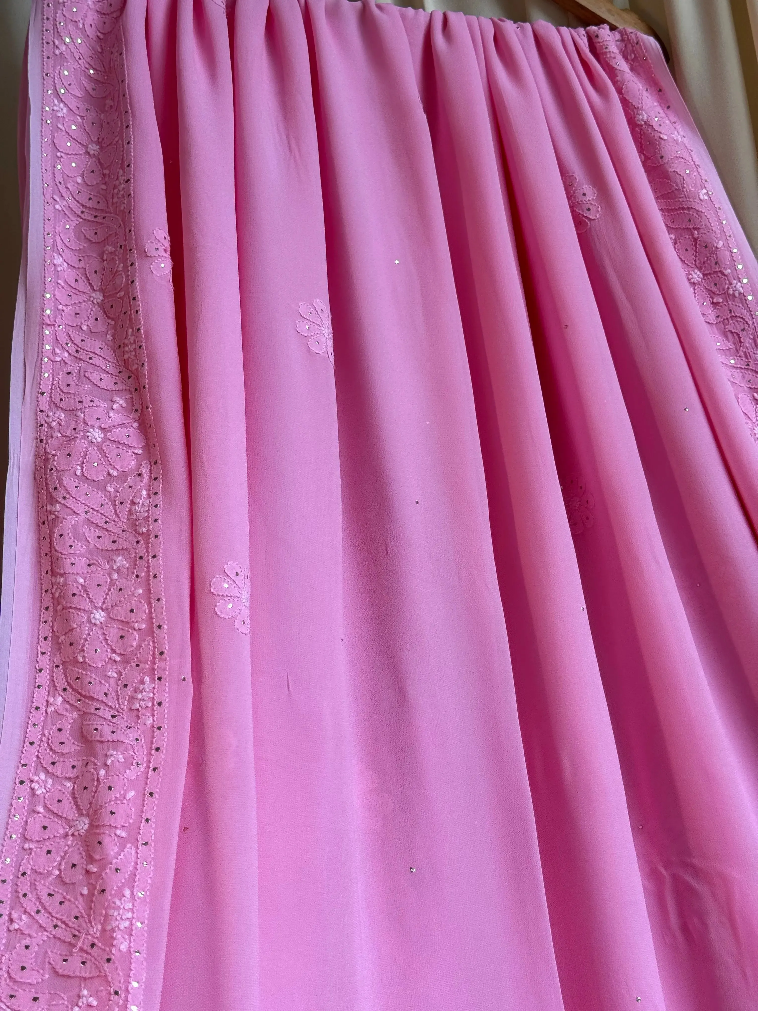 Viscose Dark Pink Chikankari saree with Mukaish Work