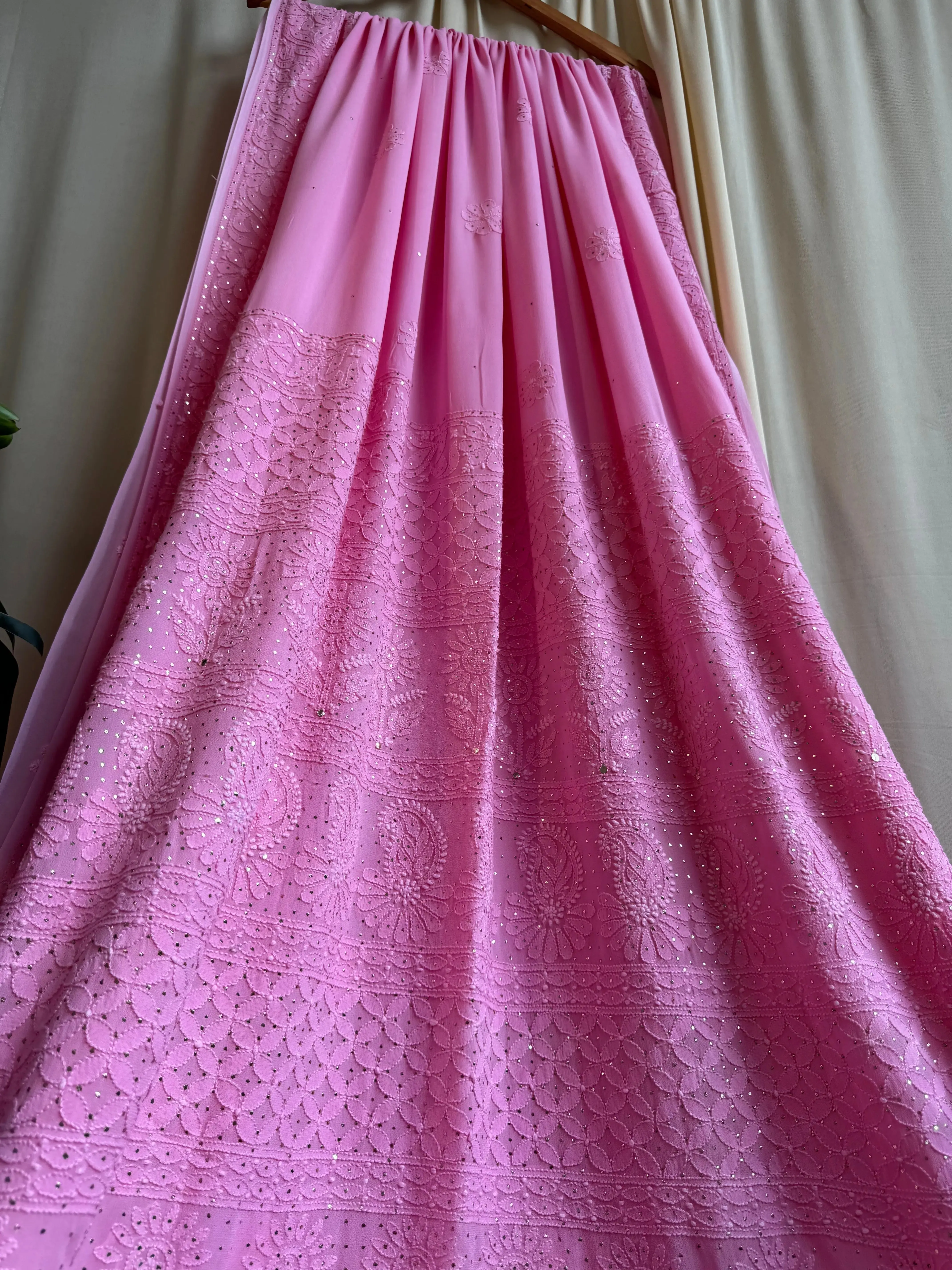 Viscose Dark Pink Chikankari saree with Mukaish Work