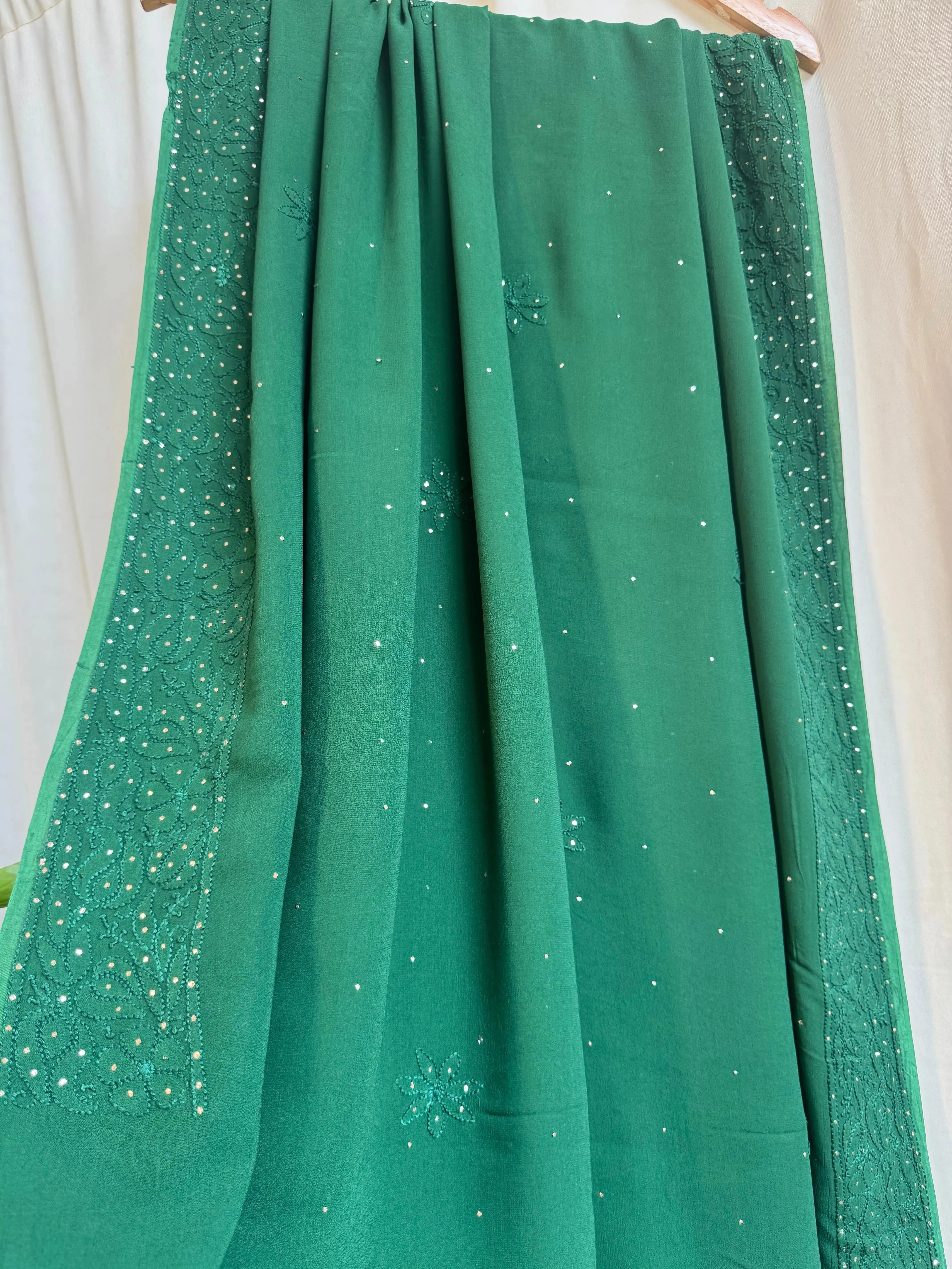 Viscose Green Chikankari saree with Mukaish Work
