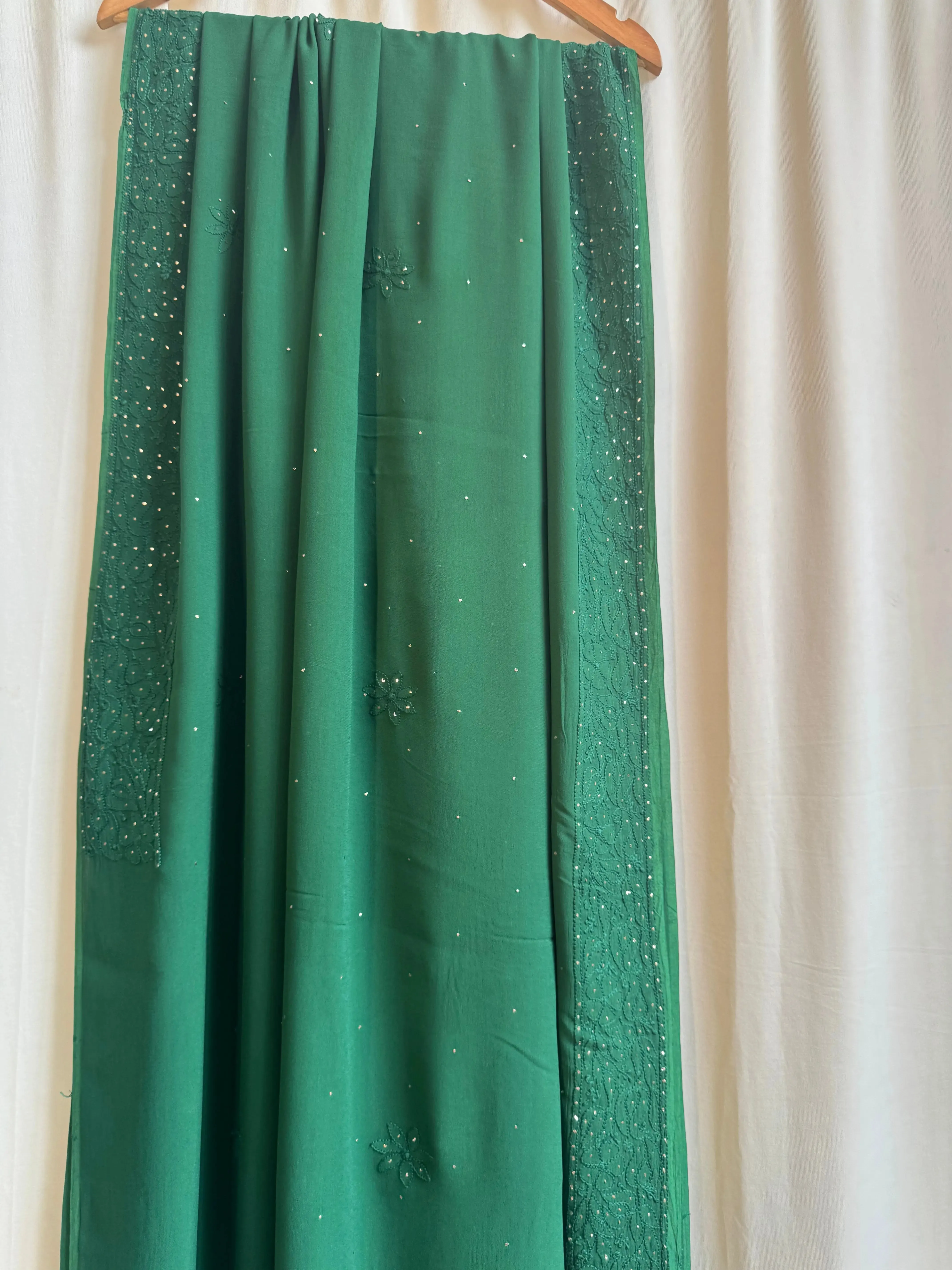Viscose Green Chikankari saree with Mukaish Work