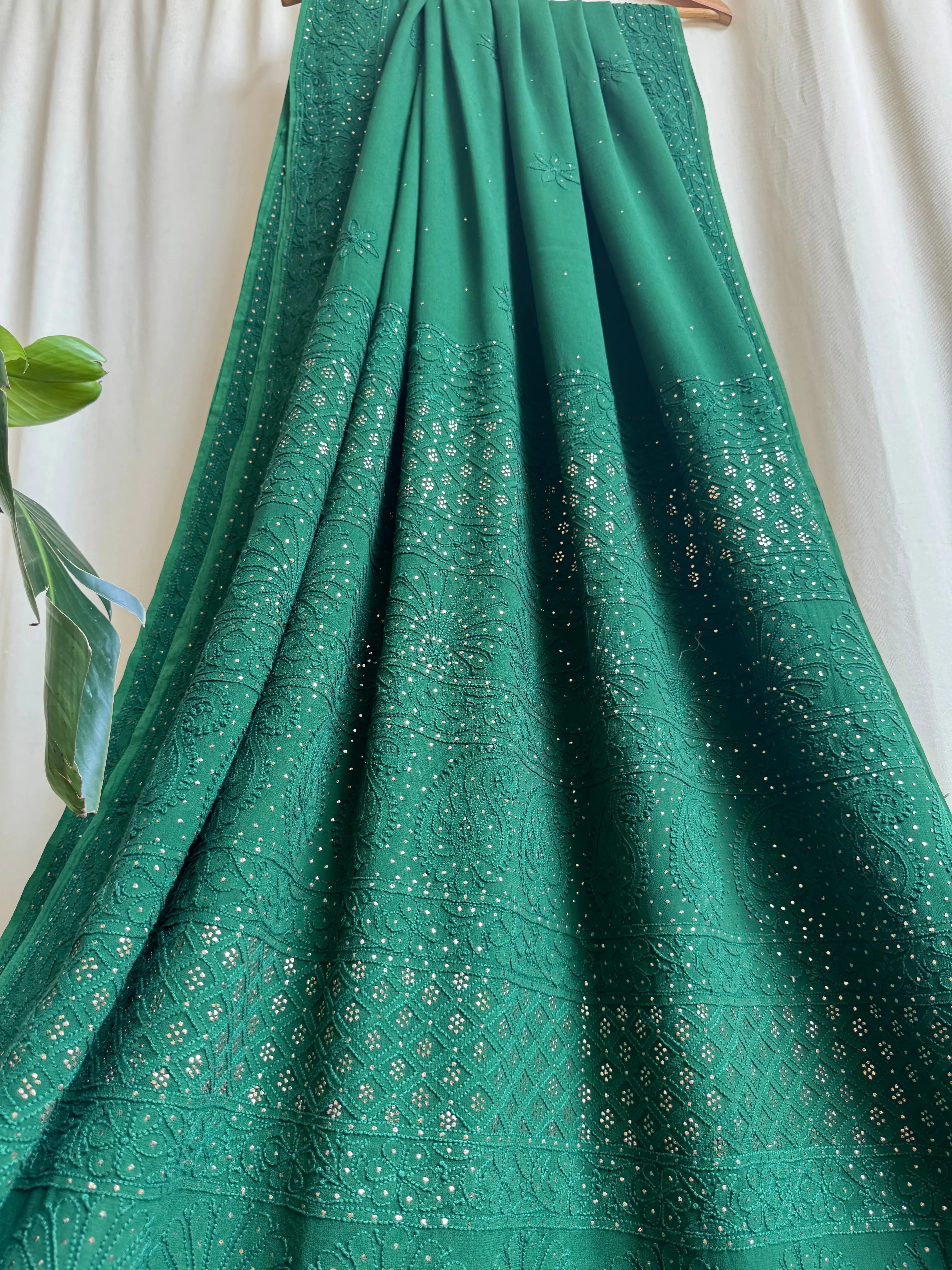Viscose Green Chikankari saree with Mukaish Work