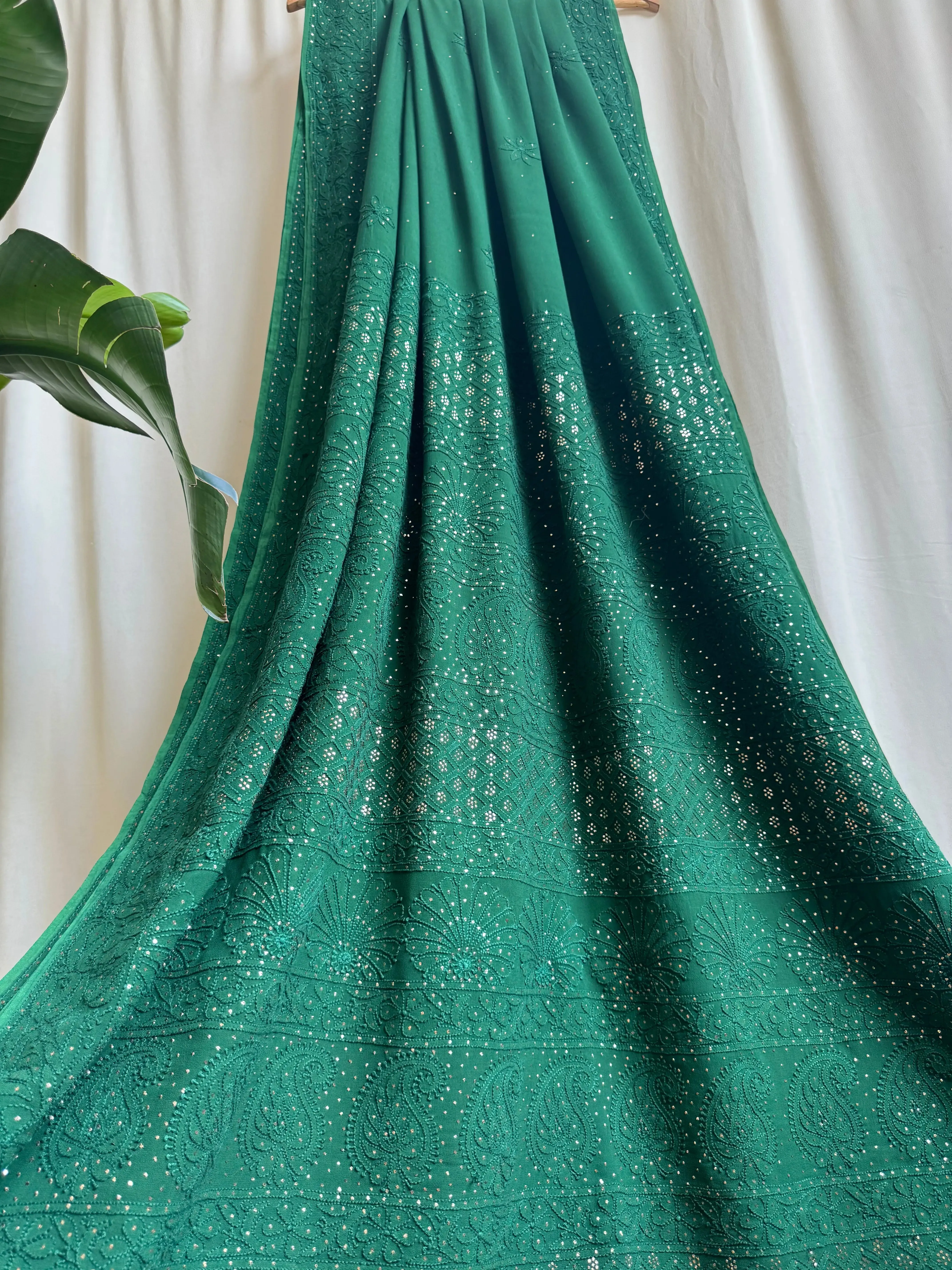 Viscose Green Chikankari saree with Mukaish Work