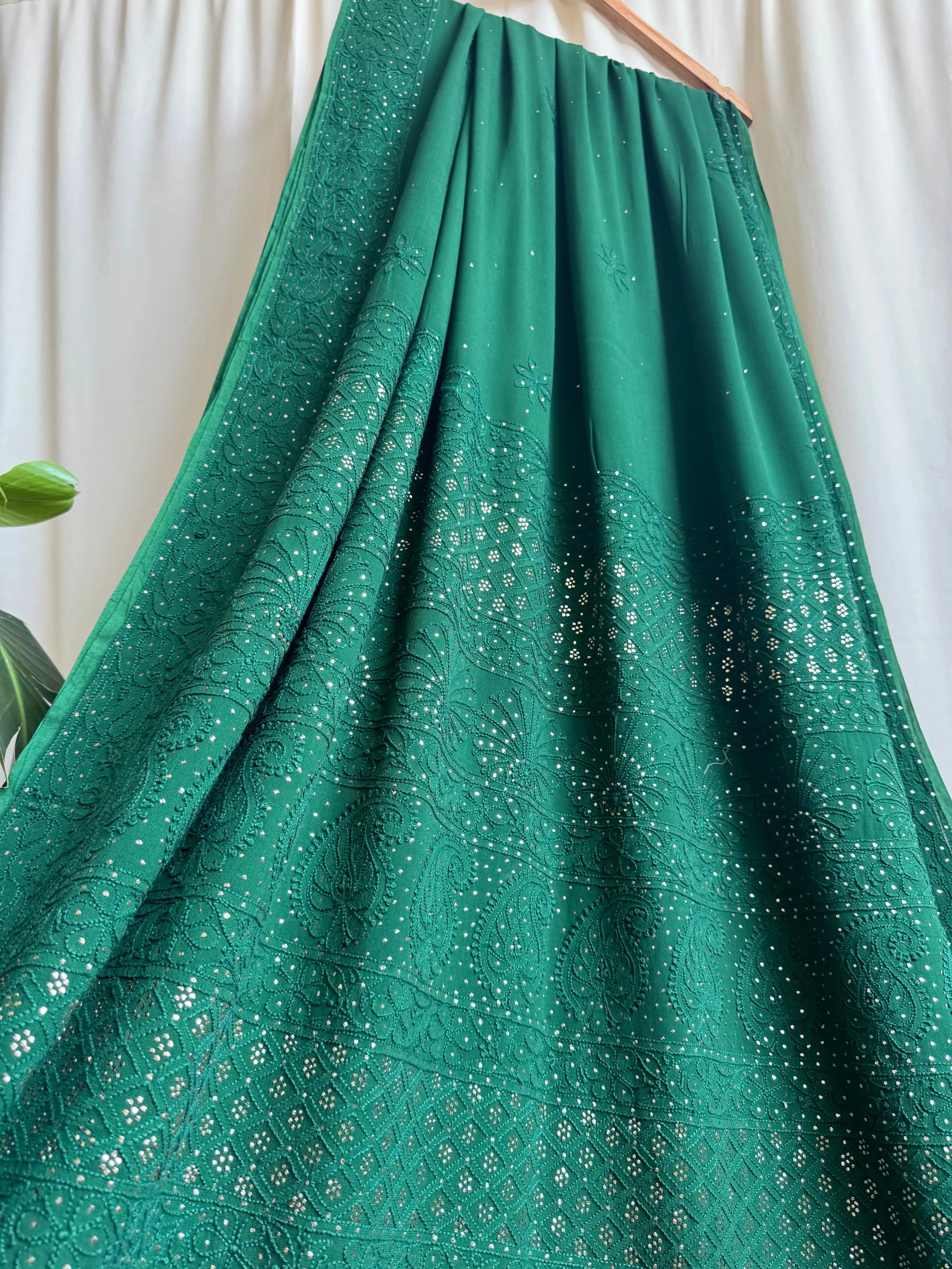 Viscose Green Chikankari saree with Mukaish Work