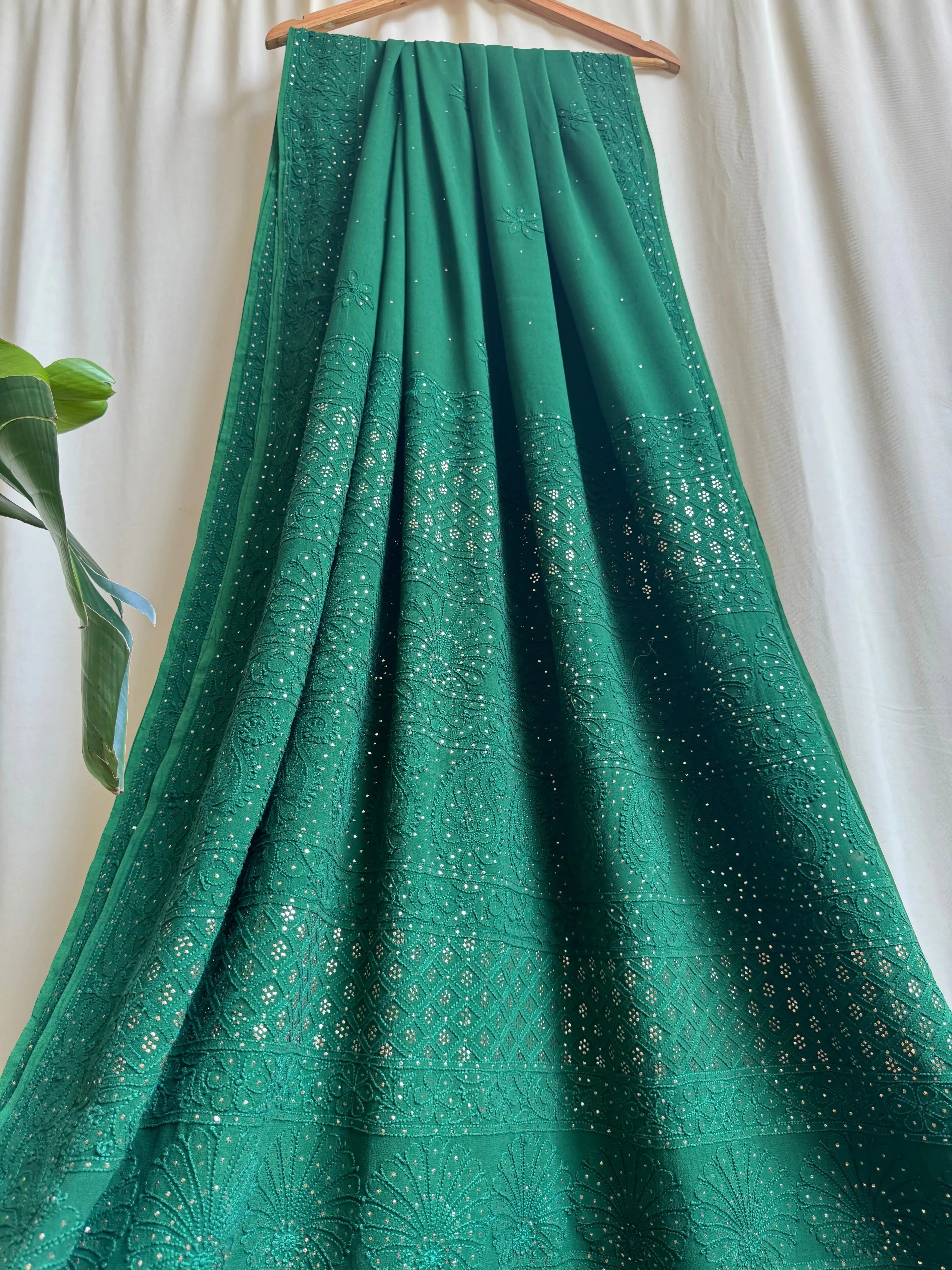 Viscose Green Chikankari saree with Mukaish Work